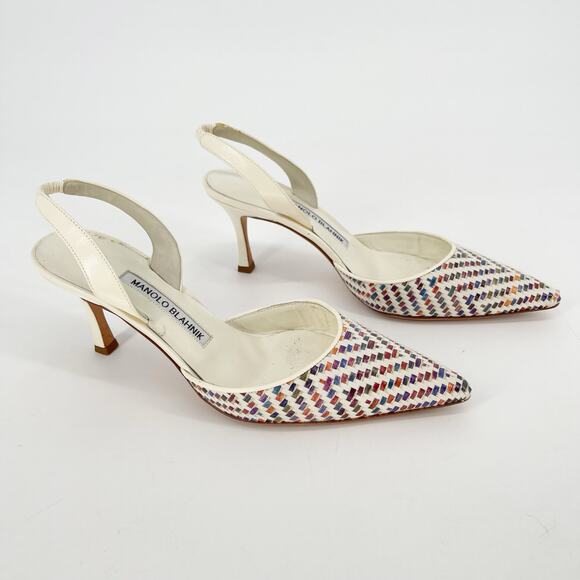 Manolo Blahnik Carolyne White Raffia Chevron Pointed Toe Slingback Heel IT 37 - Picture 1 of 11